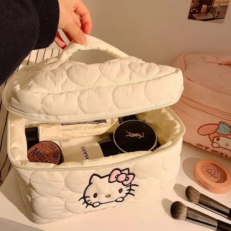 Hello Kitty Cute Quilted Makeup Bag Soft Cloud Texture Large Capacity Travel Cosmetics Storage Bag Toiletry Pouch Ladies Gifts