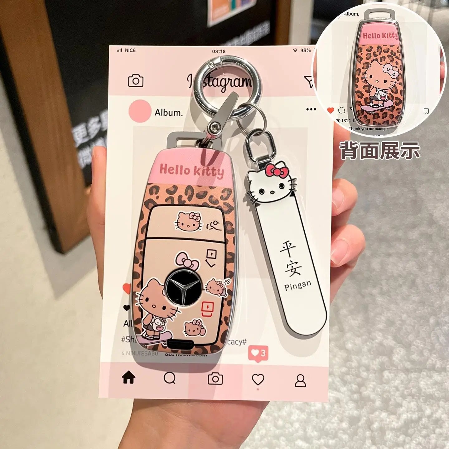 Sanrio Car Key Shell Leopard Print Key Storage Hello Kitty Leopard Print Cartoon Key Chain Cute Car Decoration Accessories Gift
