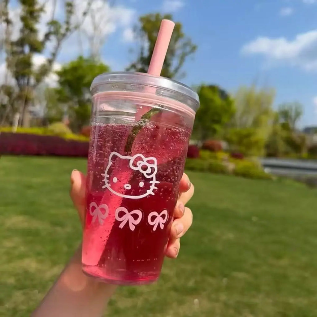Anime Hello Kitty Pink Straw Cup KT Cat Large-Capacity Transparent Plastic Water Cup Kawaii Plastic Portable Cup Birthday Gifts