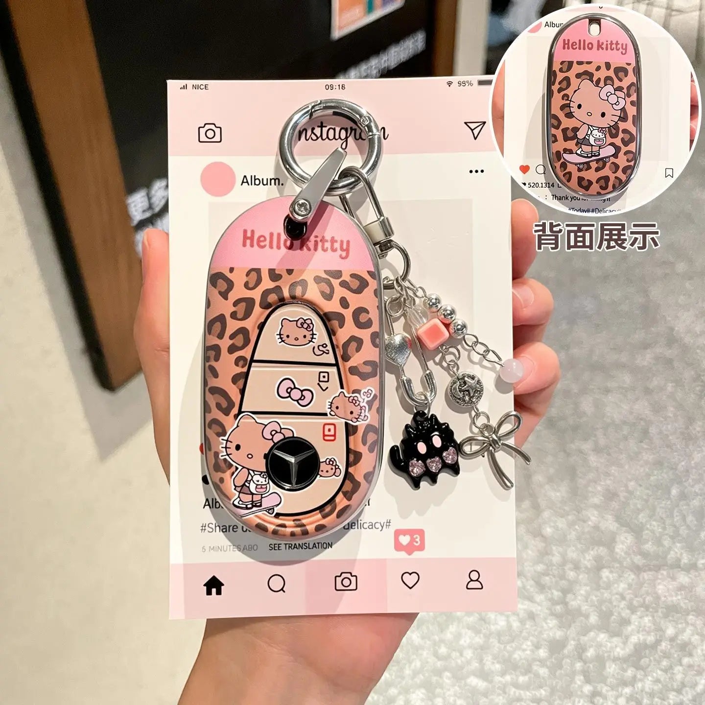Sanrio Car Key Shell Leopard Print Key Storage Hello Kitty Leopard Print Cartoon Key Chain Cute Car Decoration Accessories Gift