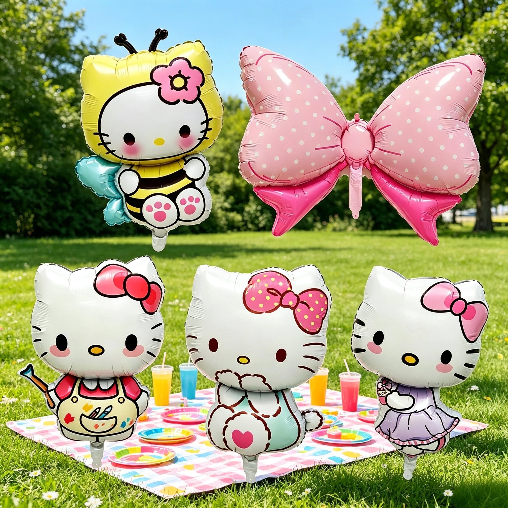 5PCS Hello Kitty Foil Balloon Set Anime Cat Candy Bow Foil Balloons Kids Birthday Party Decorative Balloons Baby Shower Supplie