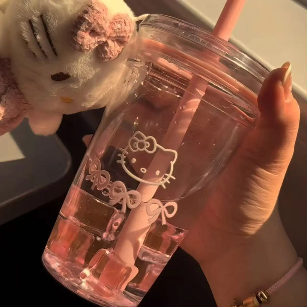 Pink HelloKitty Cat Straw Cup with Lid Plastic Student Portable Cup KT Cat High-Capacity Transparent Plastic Water Cup Girl Gift