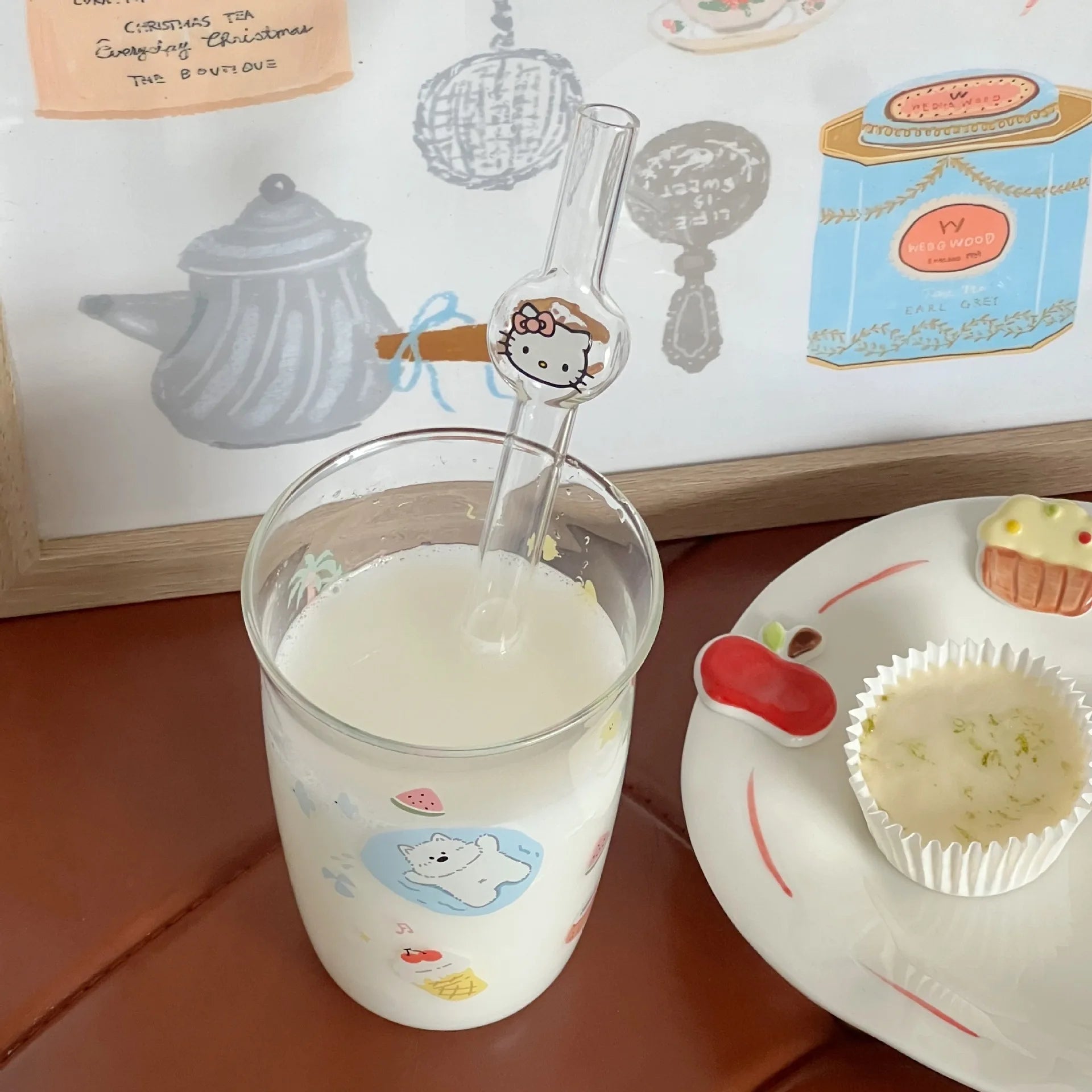 Hello Kitty Anime Ins Style Cute Cartoon Student Glass Straw KT Cat Creative High-value Household Thick Drinking Accessory Gifts