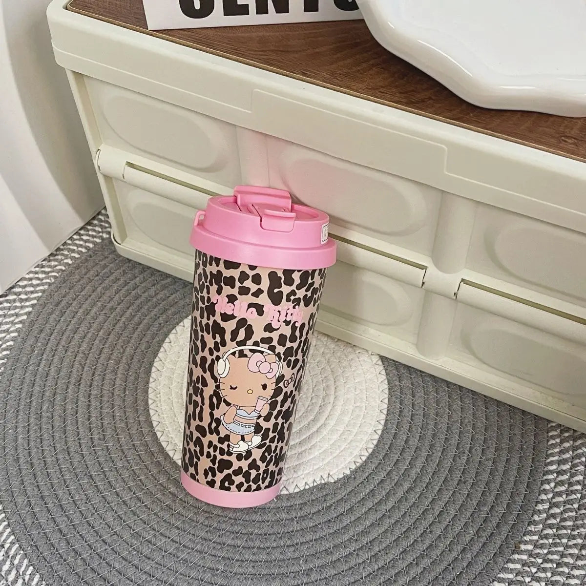 Cartoon Leopard HelloKitty Mug Stainless Steel Student Straw Double-drinking Large-capacity Coffee Cup Lovely Birthday Gift