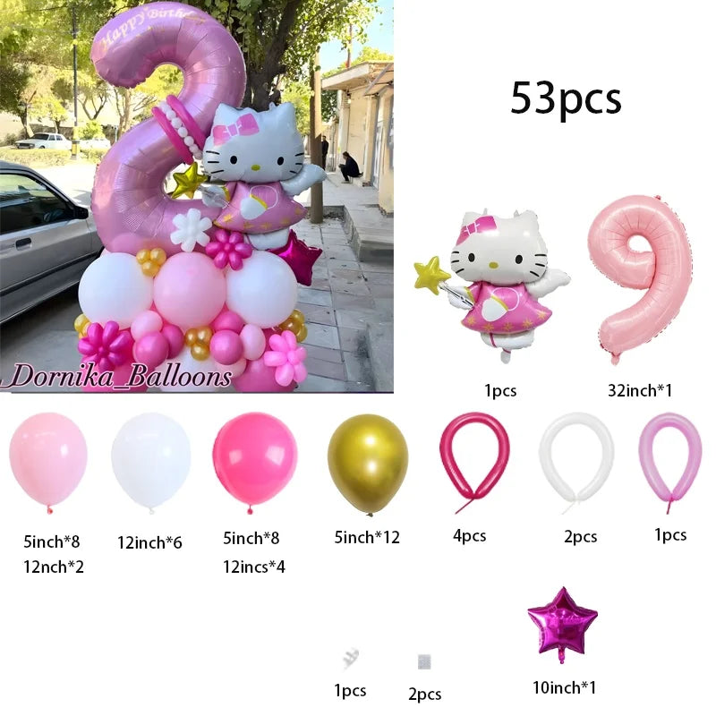 53-piece Hello Kitty-themed balloon set in pink foil and latex—perfect for baby showers, kids’ and girls’ birthdays, and holiday