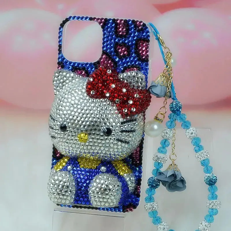 Hello Kitty Rhinestone Bling Crystal Phone Case Chain For iPhone17 16 15 14 13 12 11Pro Max X Xs XR 7 8 Plus Transparent Bumper