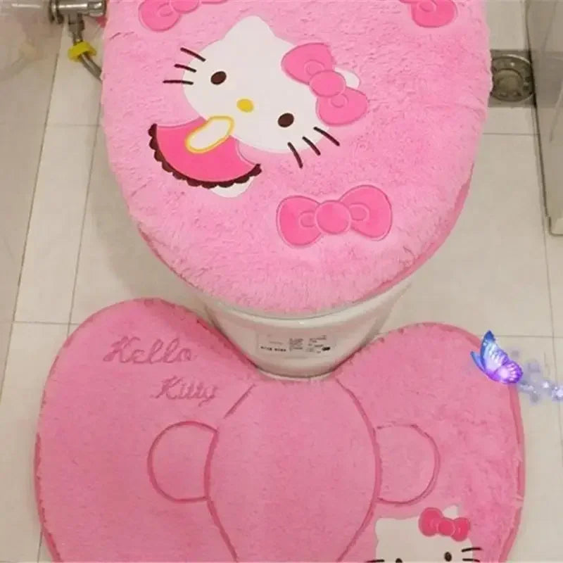 Hello Kitty 3-Piece Toilet Seat Cushion Set – Sanrio Plush Winter Bathroom Cover Set for Home Use