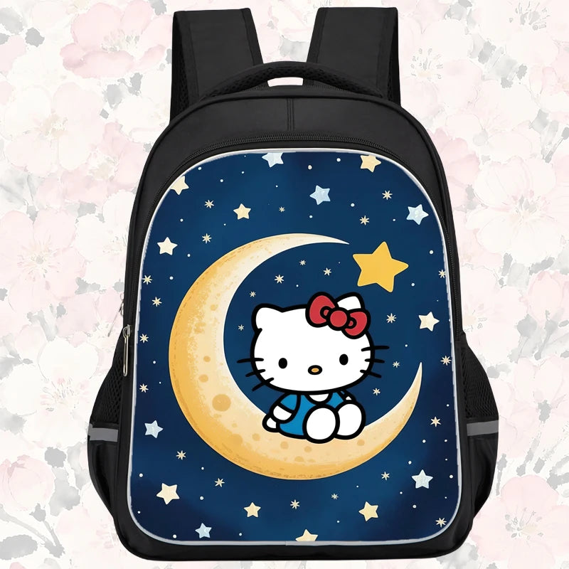 16-inch cartoon children's backpack, unisex, large capacity, double zippered pockets, ergonomic back support, Hello Kitty-theme
