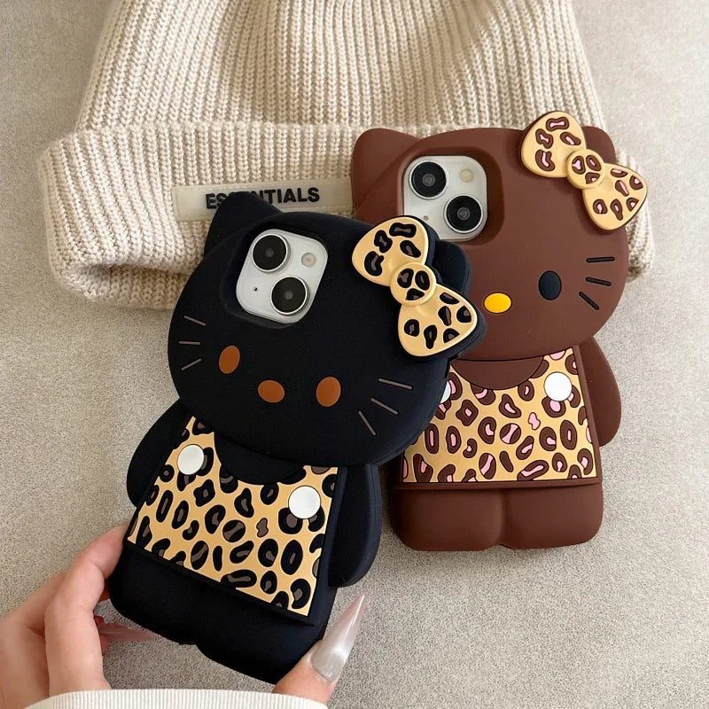 Cute 3D Hello Kitty Black Leopard Print Silicone Phone Case – Shockproof Protective Cover for iPhone 13, 14, 15, 16 & 17 Pro Max