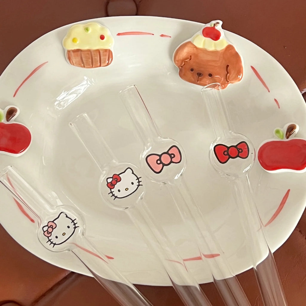 Hello Kitty Anime Ins Style Cute Cartoon Student Glass Straw KT Cat Creative High-value Household Thick Drinking Accessory Gifts