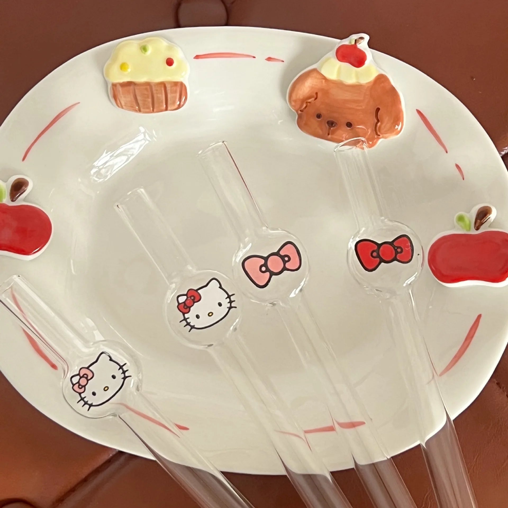 Hello Kitty Anime Ins Style Cute Cartoon Student Glass Straw KT Cat Creative High-value Household Thick Drinking Accessory Gifts