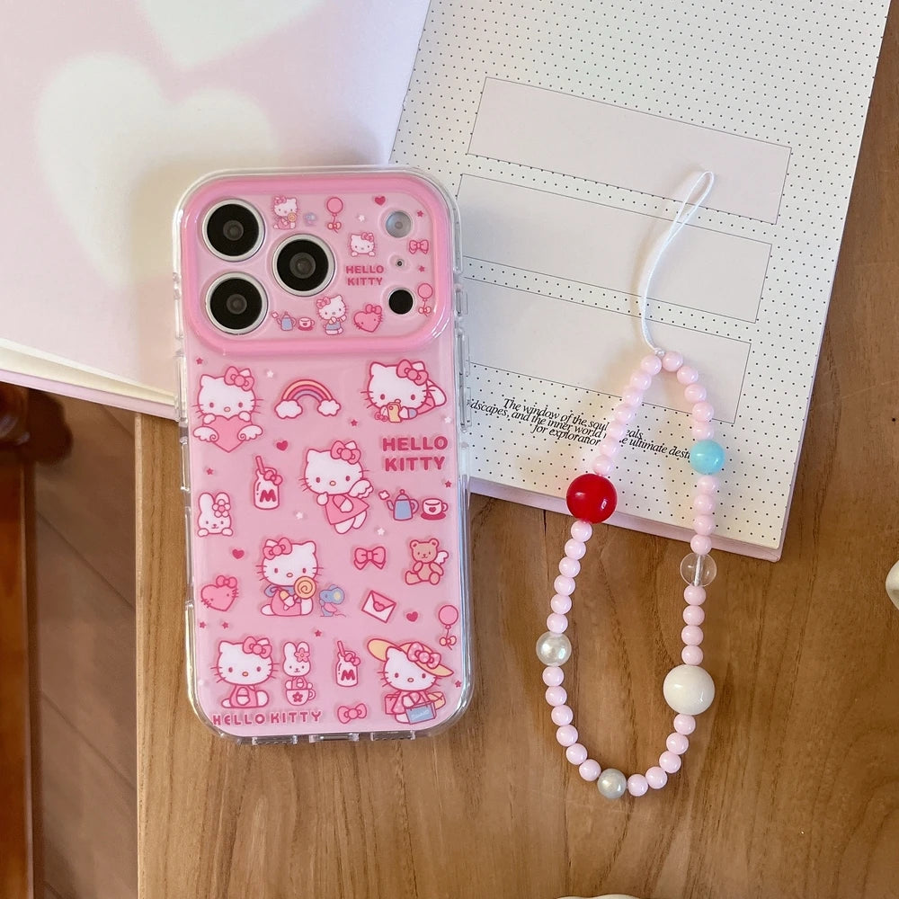 Cute Hello Kitty Illustration Phone Case with Lanyard – Shockproof Hard Cover for iPhone 13, 14, 15, 16 & 17 Pro Max