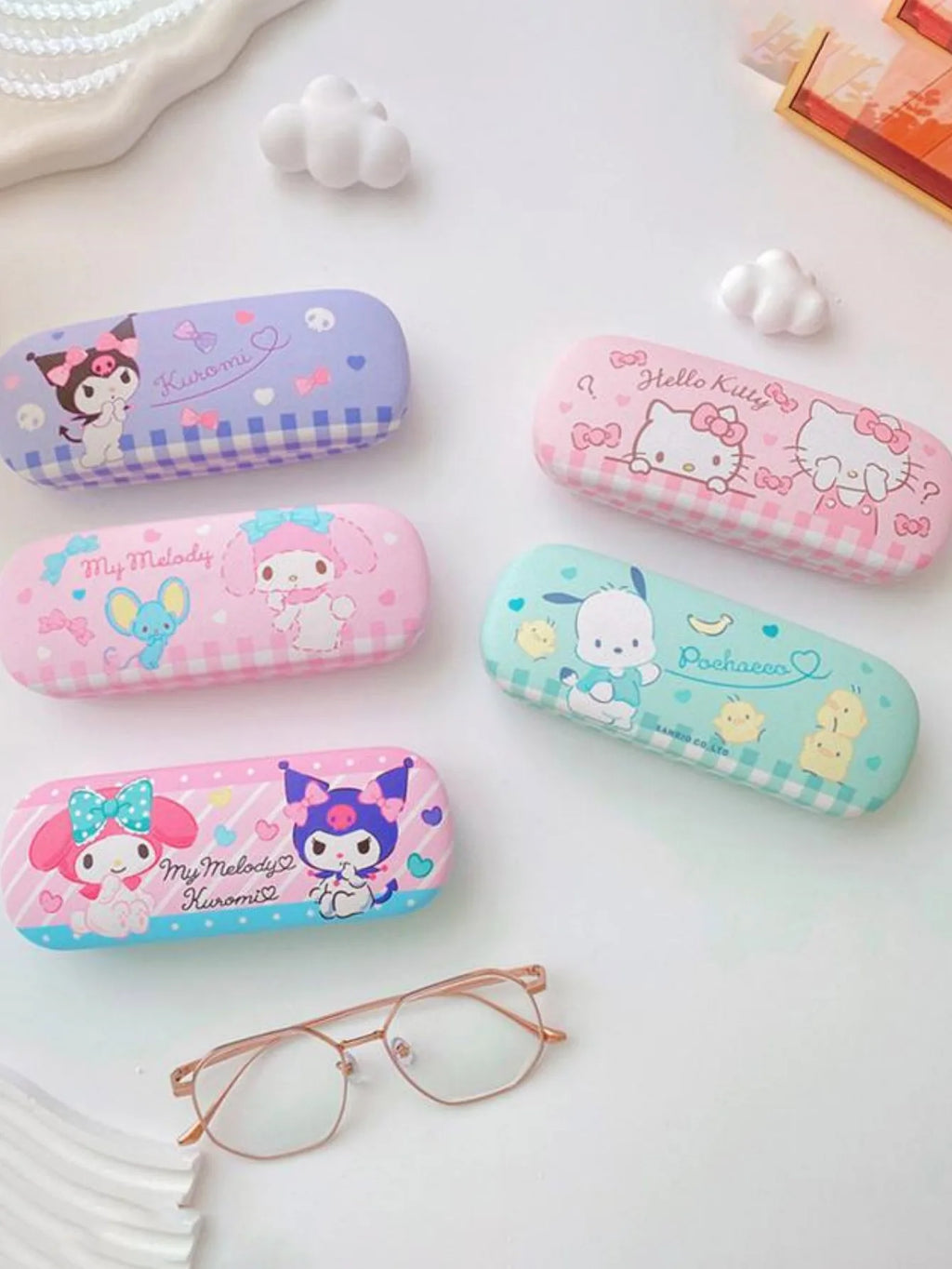 3pcs Hello Kittys glasses case and cloth Pink cat head design Soft microfiber Used to clean and put  glasses, mobile phones