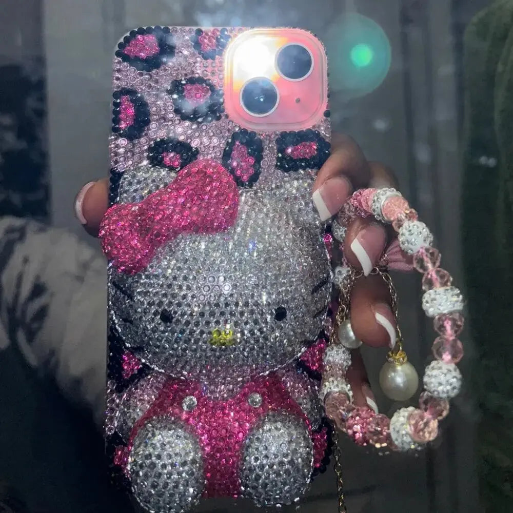 Hello Kitty Rhinestone Bling Crystal Phone Case Chain For iPhone17 16 15 14 13 12 11Pro Max X Xs XR 7 8 Plus Transparent Bumper