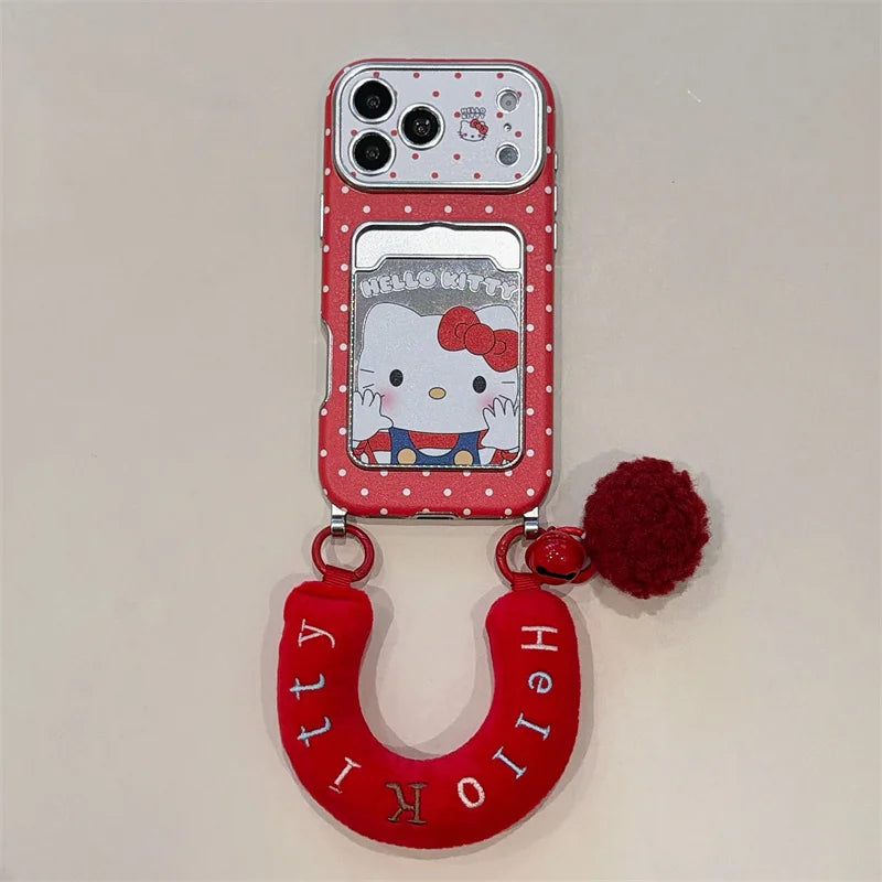 Hello Kitty Red Mirror Phone Case with Card Slot & Plush Wrist Strap – Cute Protective Cover for iPhone 13, 14, 15, 16 & 17 Pro Max