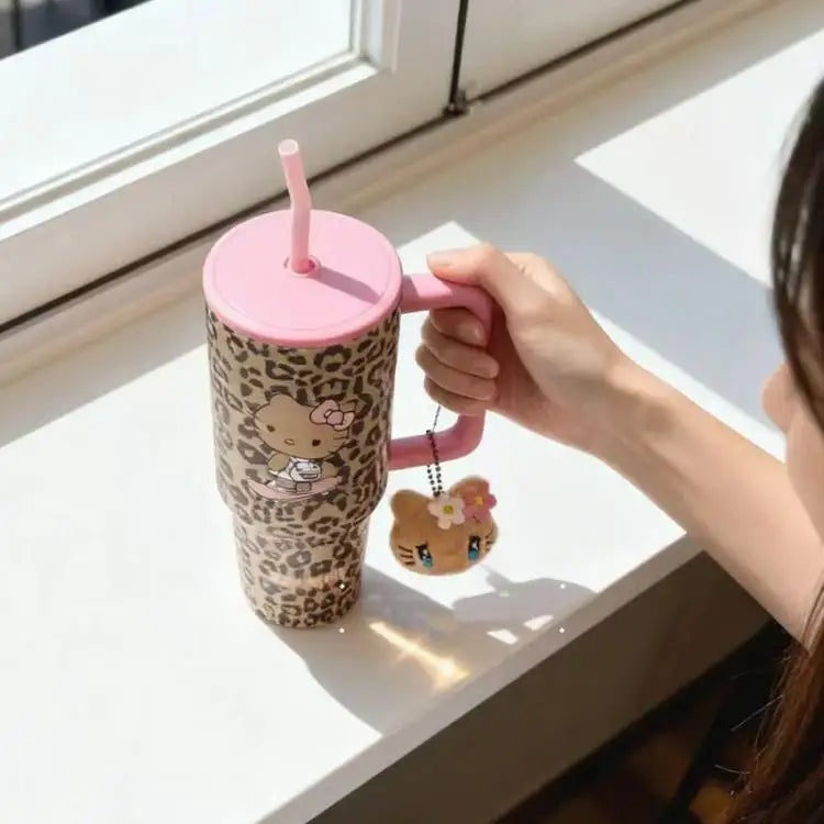 Hello Kitty Leopard Print Straw Thermos Water Bottle – Stainless Steel Insulated Cold Cup – Travel Sports Tumbler for Girls Birthday Gift.