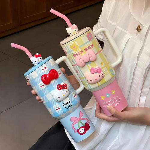 1200ml Hello Kitty 304 Stainless Steel Insulated Bottle – Pink & Blue Grid Thermo Tumbler – Large Capacity Hot & Cold Coffee Cup Water Bottle Mug Gift
