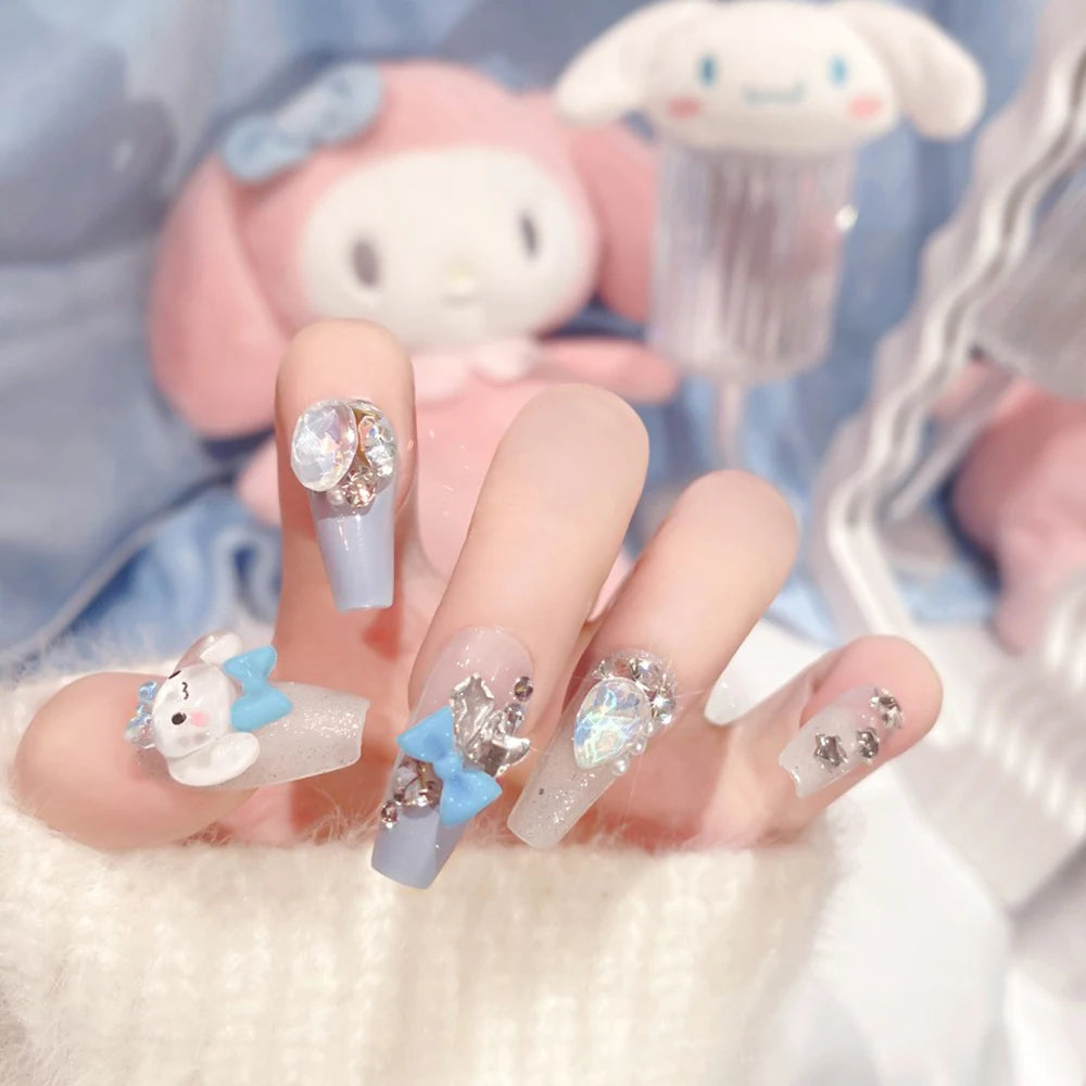 24Pcs 3D Hello Kitty Pearl Bow Press-On Nails – Medium Pink French Tip Nails – Cartoon Wearable Nail Set for Women