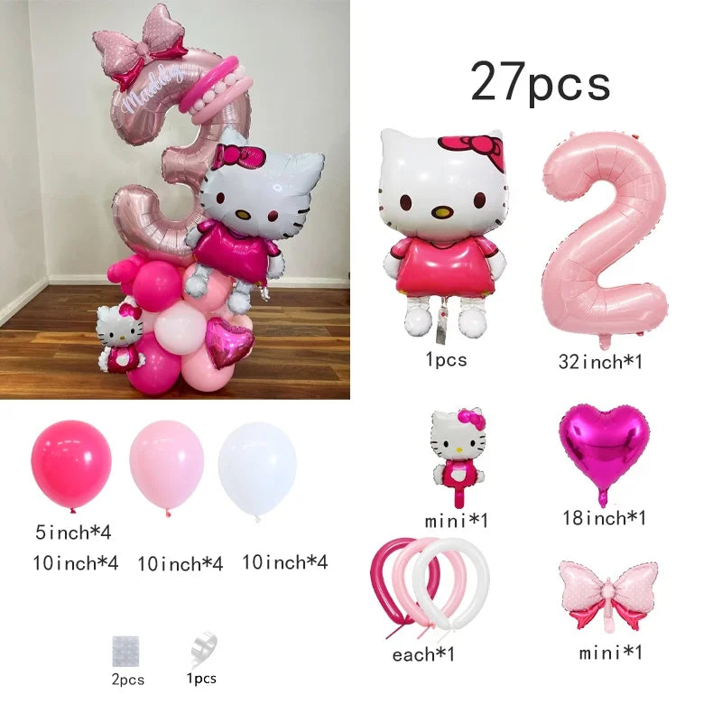 Hello Kitty Number Foil Balloon Set, Cute Cartoon Bubble Mart, Kids Birthday Party Decoration, Room Decor