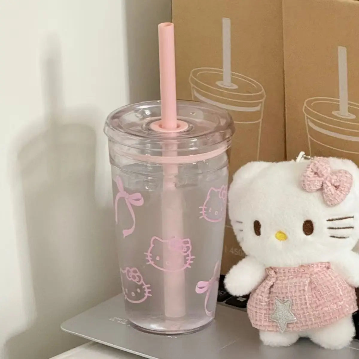 Pink HelloKitty Cat Straw Cup with Lid Plastic Student Portable Cup KT Cat High-Capacity Transparent Plastic Water Cup Girl Gift