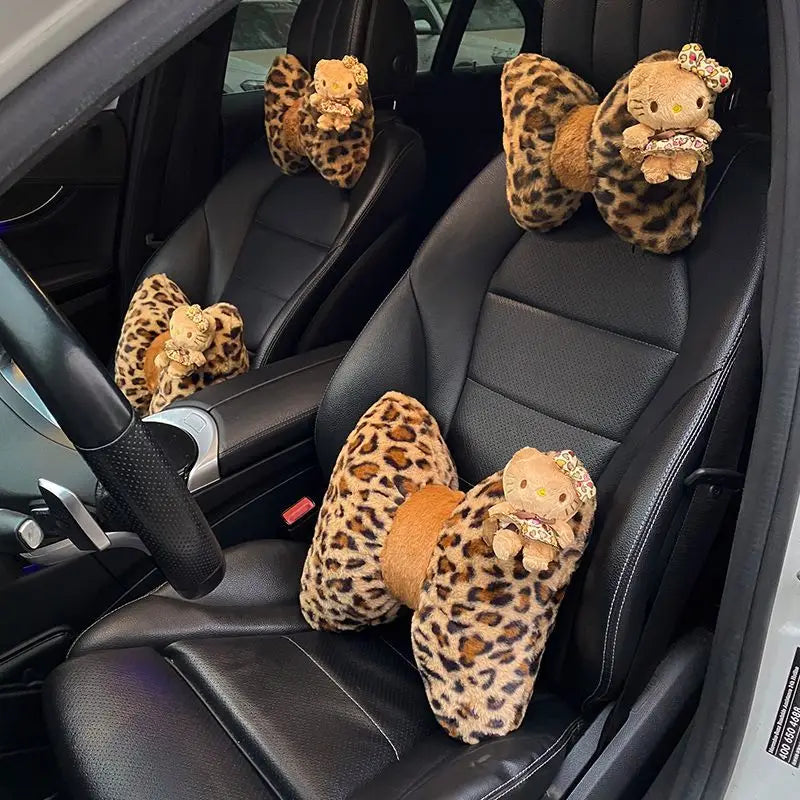 Hello Kitty Car Headrest Neck Pillow Seat Leopard Print Cushion Car Accessory for Girls Car Pillow Lumbar Support Accessories