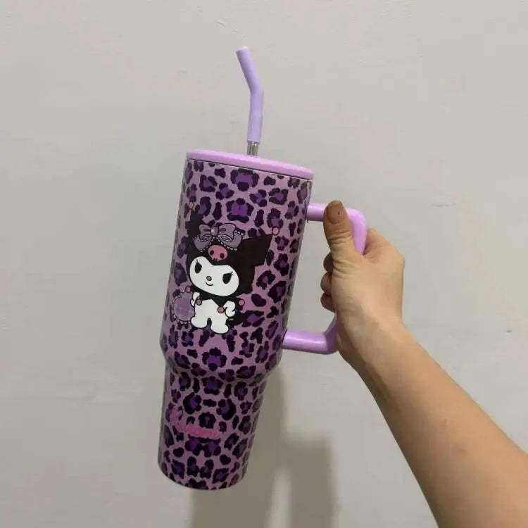 Hello Kitty Leopard Print Straw Thermos Water Bottle – Stainless Steel Insulated Cold Cup – Travel Sports Tumbler for Girls Birthday Gift.