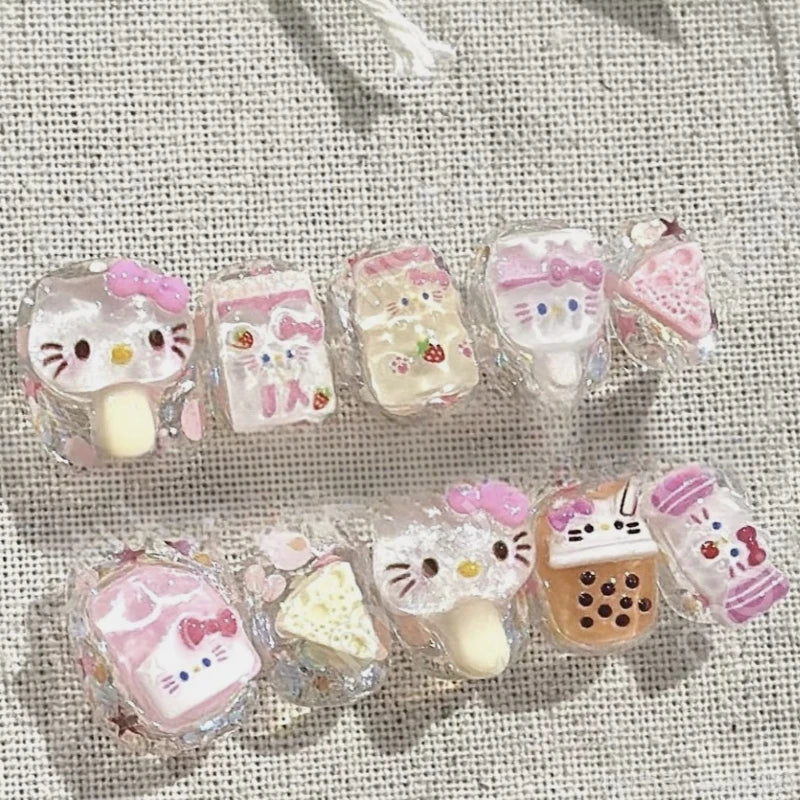 Hello Kitty Handmade Press-On Nails – Pink My Melody & Cinnamoroll Anime Nails – Detachable 3D Nail Art Decoration Set
