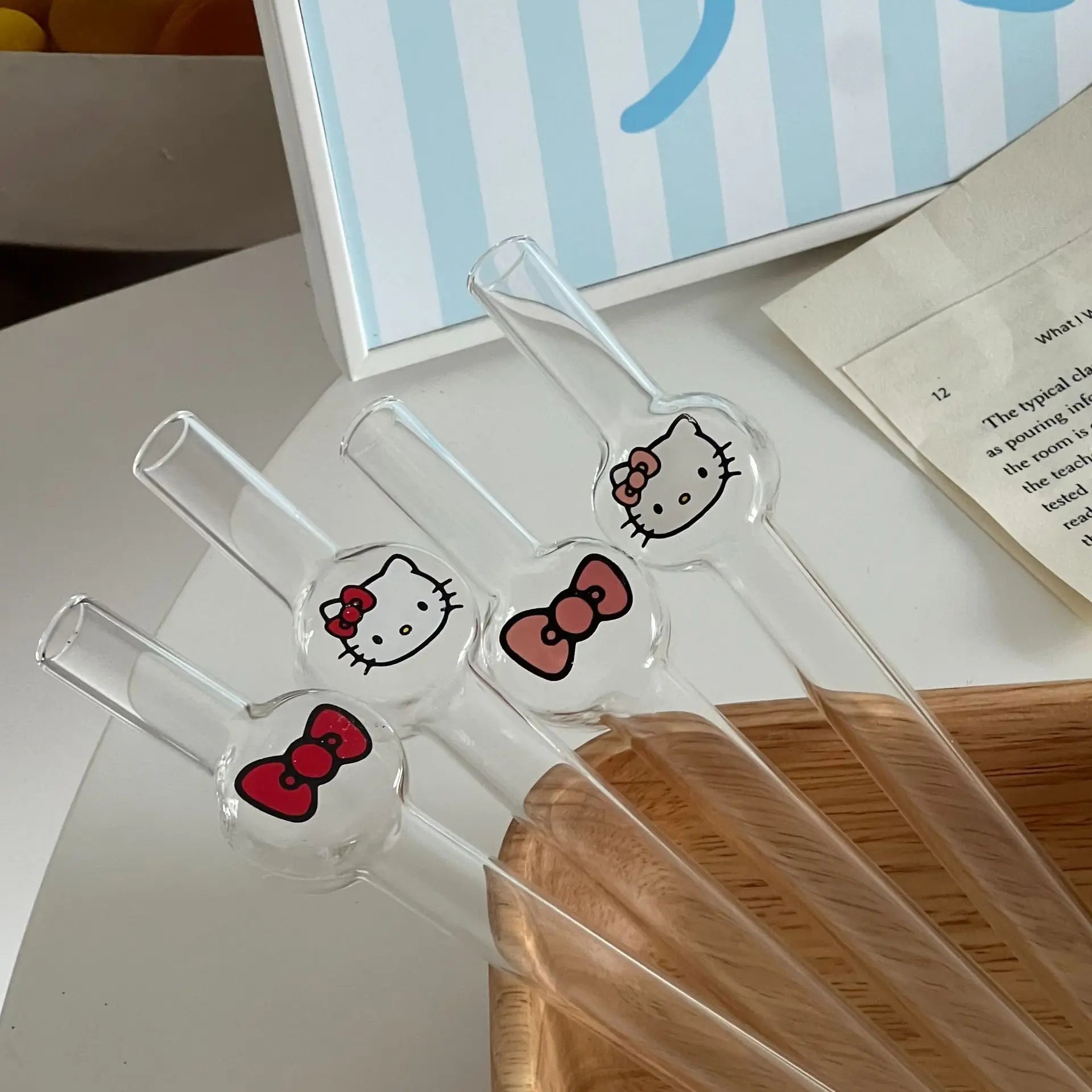 Hello Kitty Anime Ins Style Cute Cartoon Student Glass Straw KT Cat Creative High-value Household Thick Drinking Accessory Gifts