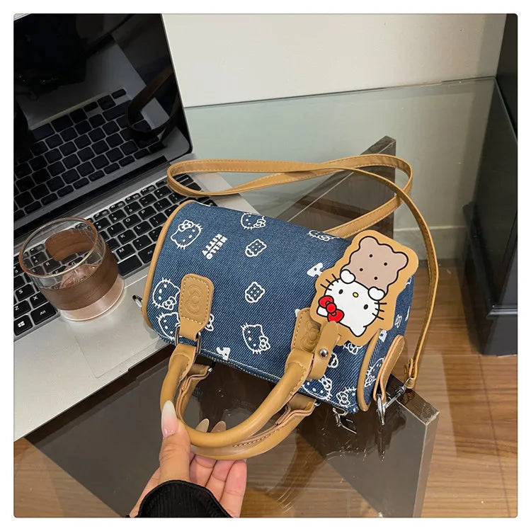 2026 Hello Kitty Denim Print Crossbody Bag – Kawaii Fashion Handbag for Women & Girls