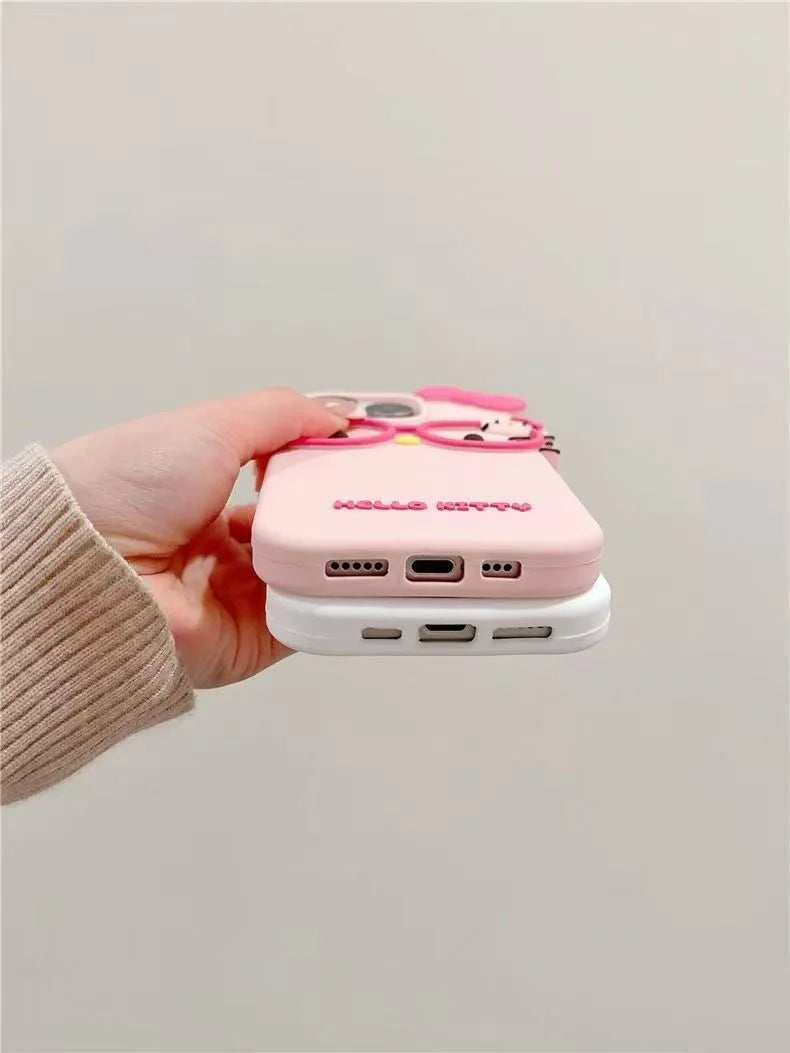 Hello Kitty 3D Glasses Cat Silicone Phone Case – Cute Shockproof Cover for iPhone 4/4S, 5/5S, SE, 7, 8, 11, 12 Mini, 13, 14, 15 Plus, 16 & 17 Pro Max
