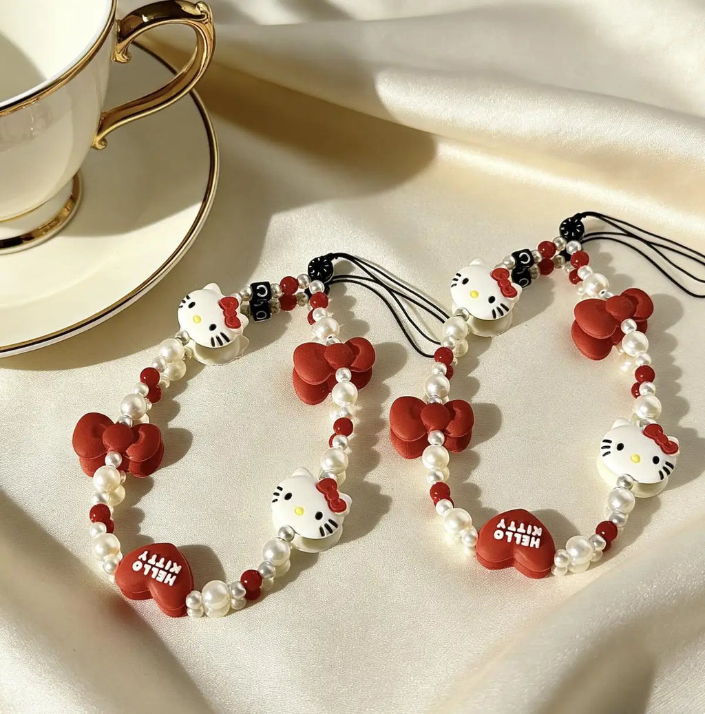 Cute Hello Kitty Beaded Phone Lanyard – Girly Phone Charm Strap & Anti-Lost Mobile Phone Chain