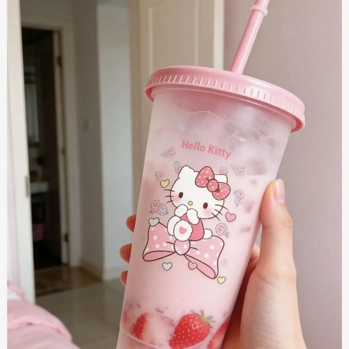 Anime Summer Pink Hello Kitty Frosted Straw Coffee Cup – Large Capacity Insulated Cold Drink Tumbler – Cute Aesthetic Sanrio Style Cup for Girls (2026 Edition)