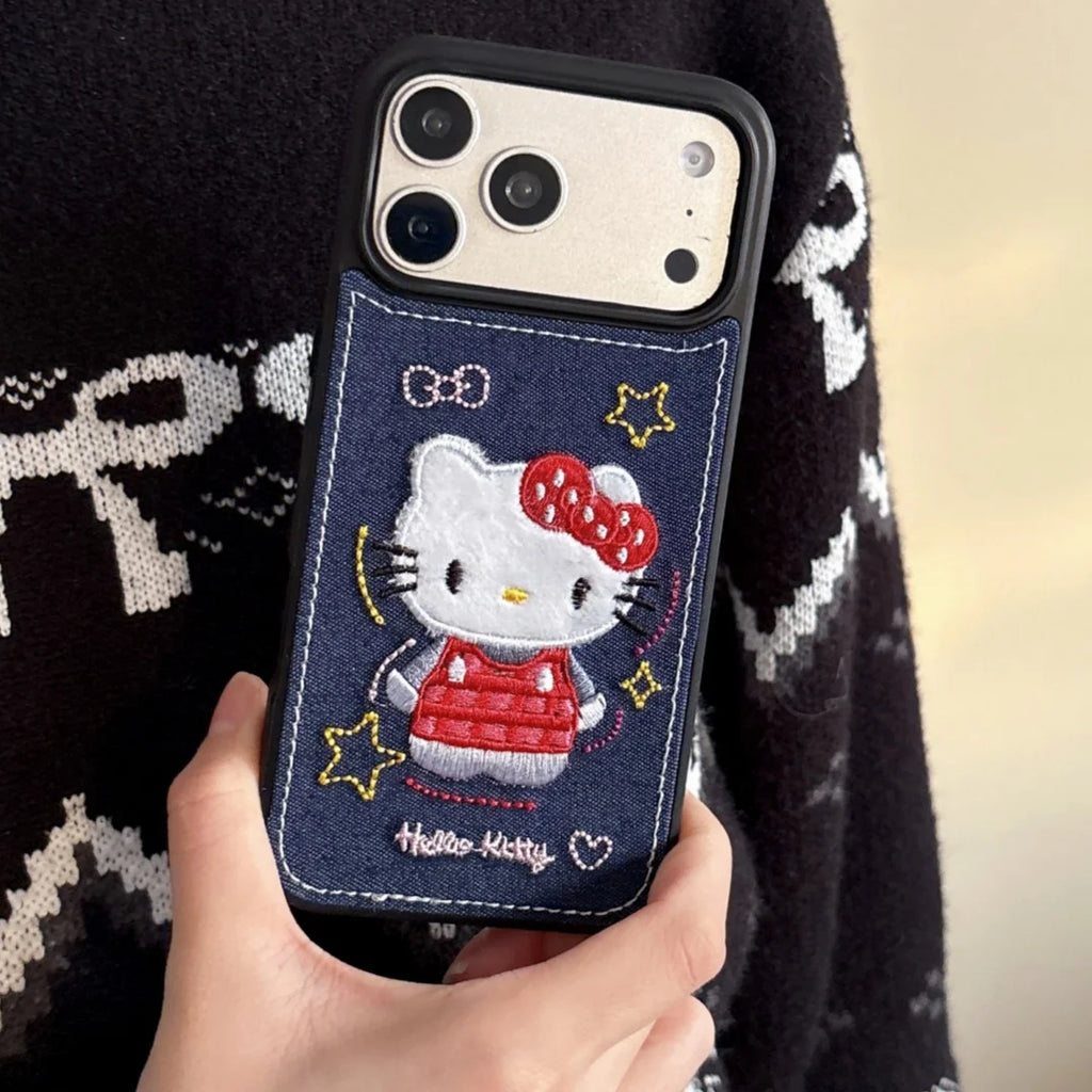 Luxury Denim Leather Pattern Cartoon Hello Kitty Case For iPhone 17 15 14 Pro Max 17 Pro Love Heart Stars Style Shockproof Cover