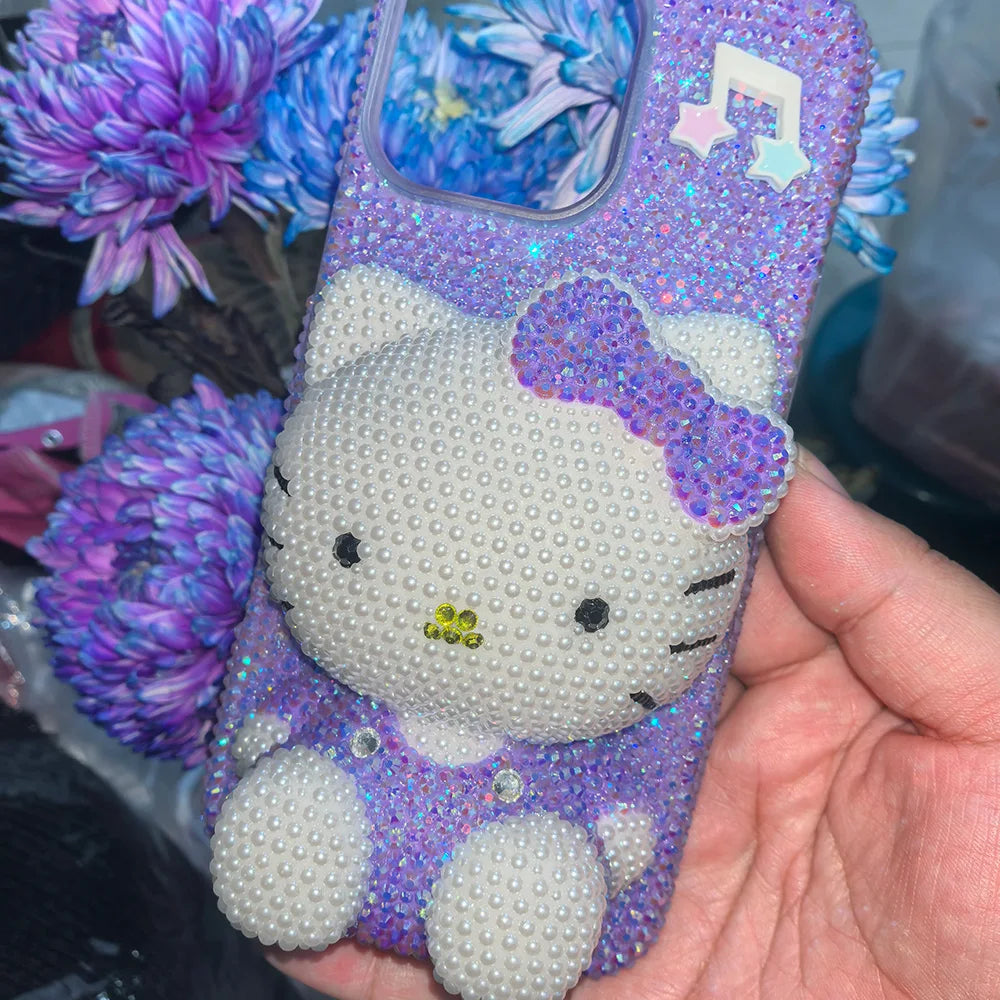 Christmas Hello Kitty Rhinestone Crystal Phone Case Chain For iPhone17 16 15 14 13 12 11Pro Max X Xs XR 7 8 Plus Transparent