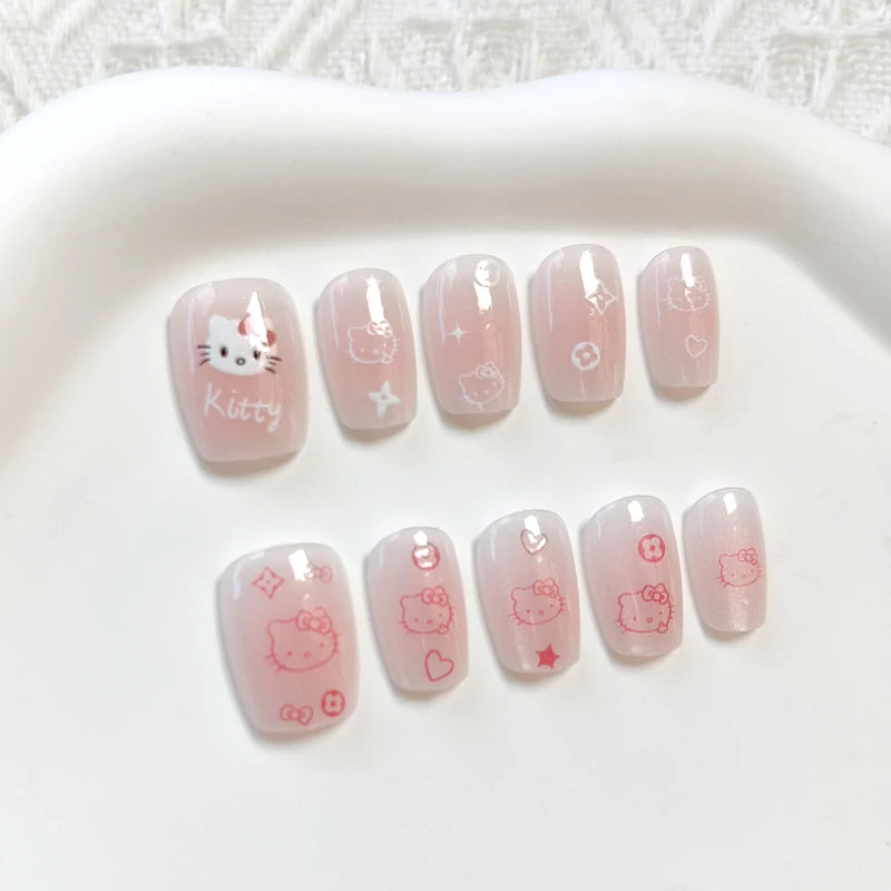 10Pcs Hello Kitty Press-On Nails – Cat Eye French Short False Nails – Handmade Wearable Manicure Nail Tips Set for Girls