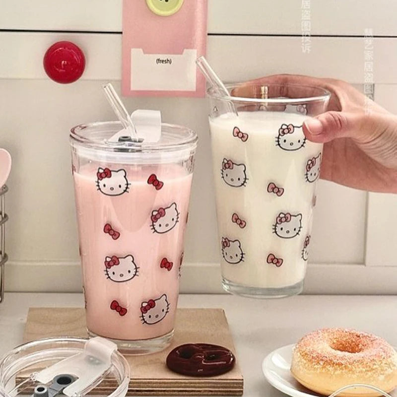 Anime Hello Kitty Double-Layered Glass Cup Kt Cat High-Quality Borosilicate Glass for Household Use Milk Cup Birthday Gifts