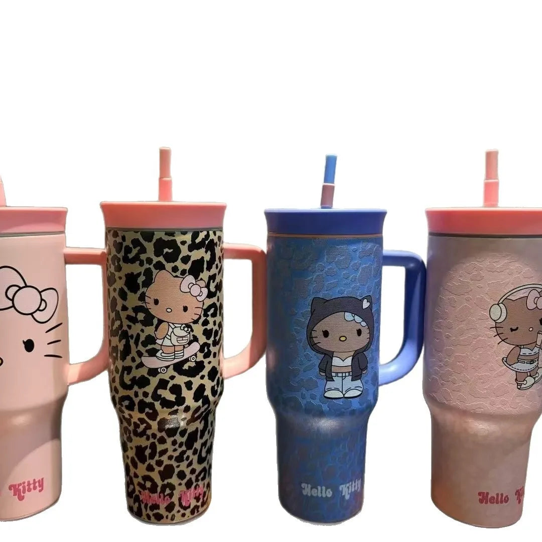 Stainless Steel Insulated Tumbler – Cute Anime Leopard Print Large Capacity Straw Cup – Trendy Travel Water Bottle for Women & Girls