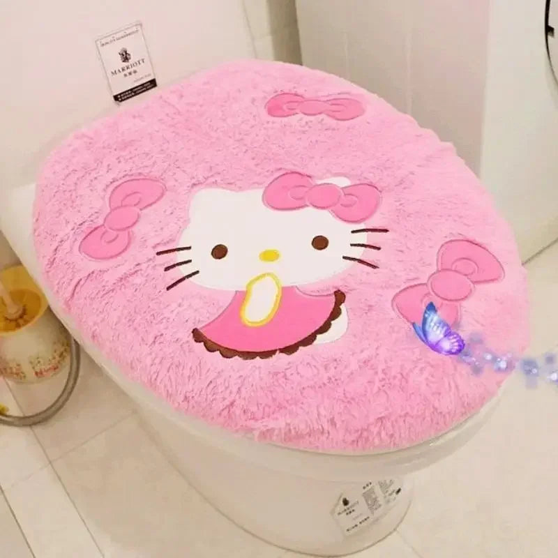 Hello Kitty 3-Piece Toilet Seat Cushion Set – Sanrio Plush Winter Bathroom Cover Set for Home Use