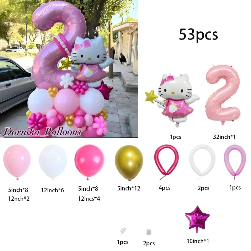 53-piece Hello Kitty-themed balloon set in pink foil and latex—perfect for baby showers, kids’ and girls’ birthdays, and holiday