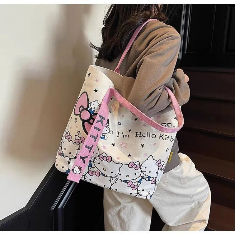 Kawaii Sanrio Hello Kitty Canvas Shoulder Bag - Large Capacity Handbag Backpack Schoolbag Gift for Girls Birthday