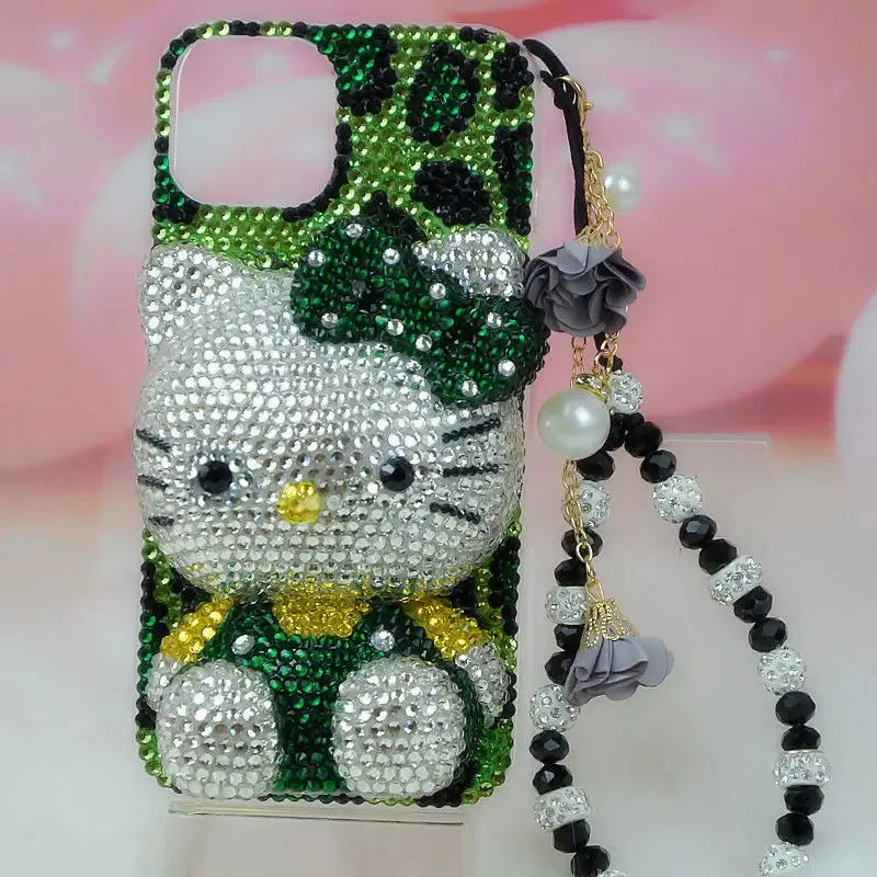 Hello Kitty Rhinestone Bling Crystal Phone Case Chain For iPhone17 16 15 14 13 12 11Pro Max X Xs XR 7 8 Plus Transparent Bumper