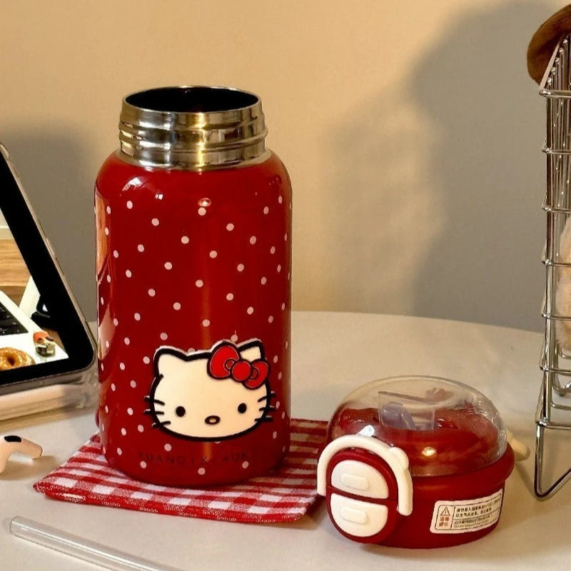 Hello Kitty Retro Red Polka Dot Thermos Cup – 316 Stainless Steel Vacuum Travel Water Bottle for Students