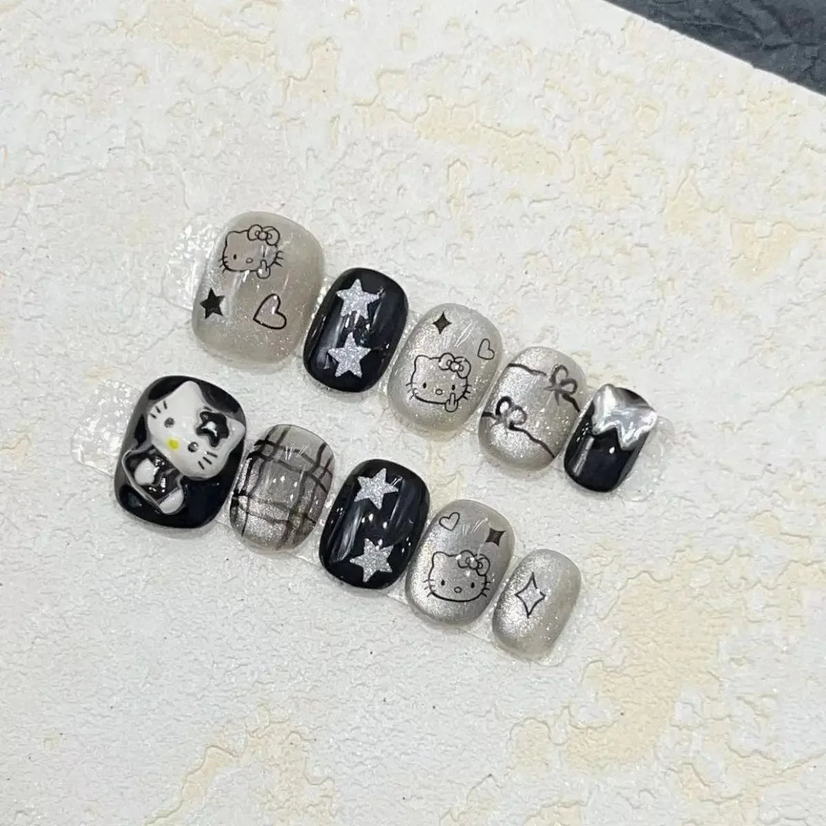 Hello Kitty Press-On Nails –  Cat Eye Shiny Wearable Nail Set – Reusable Handmade Cartoon Nail Art for Women