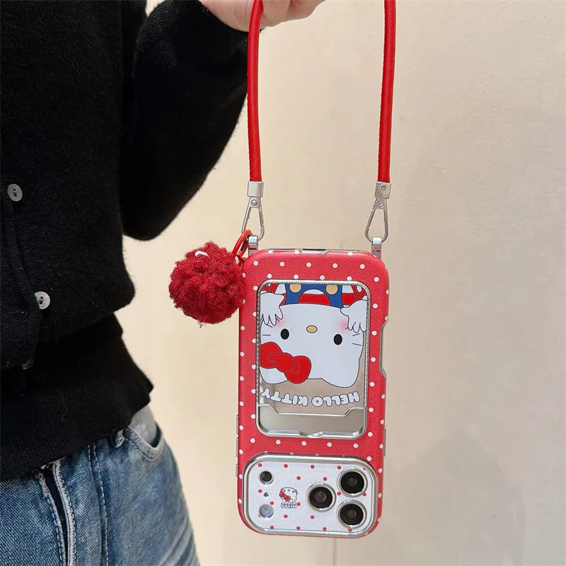 Hello Kitty Red Mirror Phone Case with Card Slot & Plush Wrist Strap – Cute Protective Cover for iPhone 13, 14, 15, 16 & 17 Pro Max