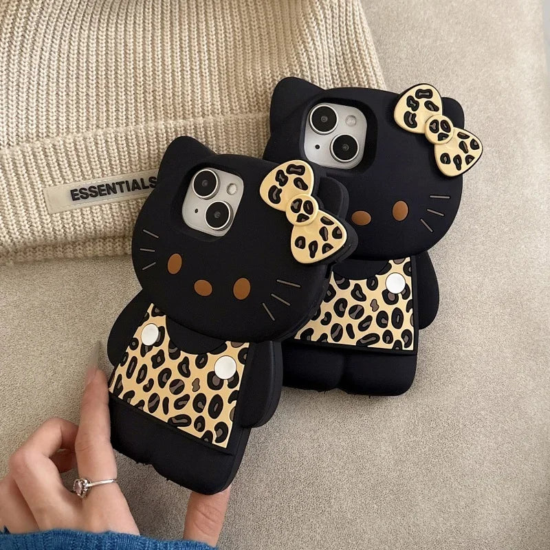 Cute 3D Hello Kitty Black Leopard Print Silicone Phone Case – Shockproof Protective Cover for iPhone 13, 14, 15, 16 & 17 Pro Max
