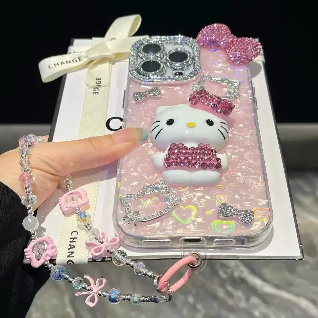 3D Hello Kitty Bling Glitter Phone Case – Sparkly Hard Protective Cover for iPhone 11, 12, 13, 14, 15, 16 & 17 Pro Max