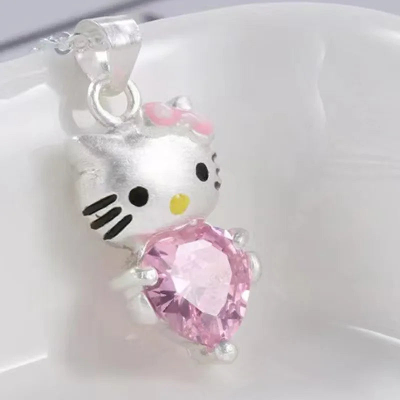 Hello Kitty Pink Crystal Necklace – Kawaii Sanrio Silver-Tone Charm Pendant Jewelry for Women & Girls
