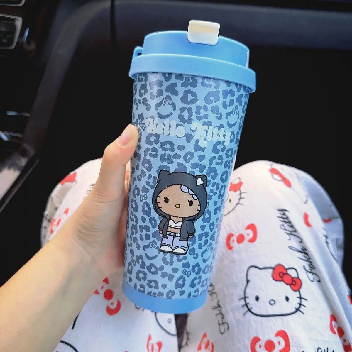 Cartoon Leopard HelloKitty Mug Stainless Steel Student Straw Double-drinking Large-capacity Coffee Cup Lovely Birthday Gift