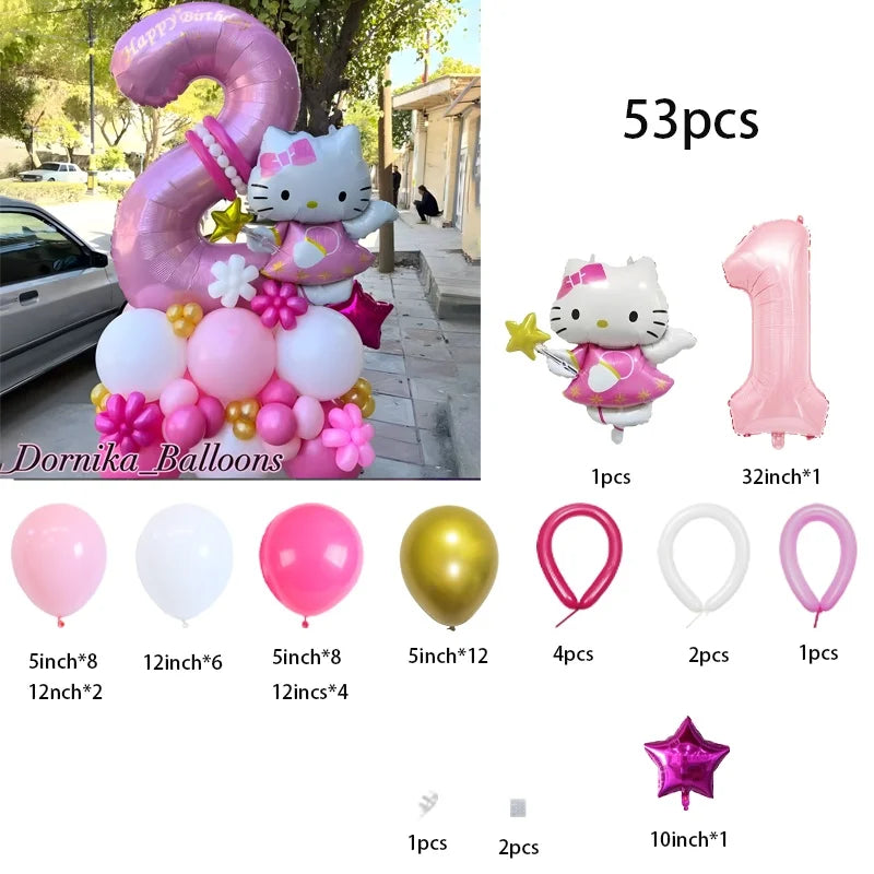 53-piece Hello Kitty-themed balloon set in pink foil and latex—perfect for baby showers, kids’ and girls’ birthdays, and holiday