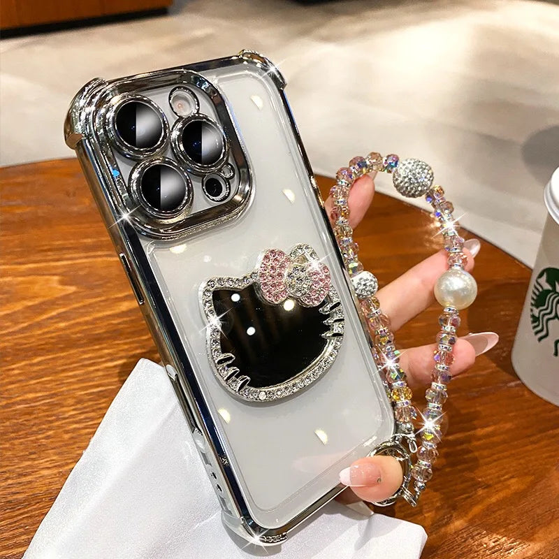 Hello Kitty Mirror Electroplated Phone Case with Bracelet – Shockproof Protective Cover for Motorola Moto Edge & Moto G Series
